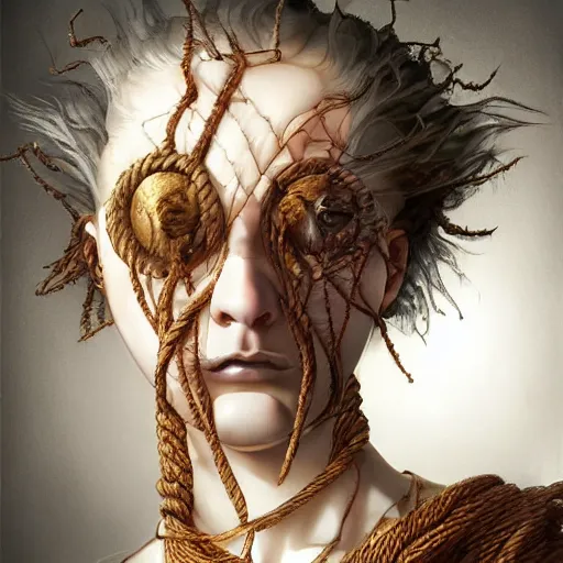 Image similar to portrait of a Shibari rope wrapped face and neck, headshot, insanely nice professional hair style, dramatic hair color, digital painting, of a old 17th century, old cyborg merchant, amber jewels, baroque, ornate clothing, scifi, realistic, hyperdetailed, chiaroscuro, concept art, art by Franz Hals and Jon Foster and Ayami Kojima and Amano and Karol Bak,