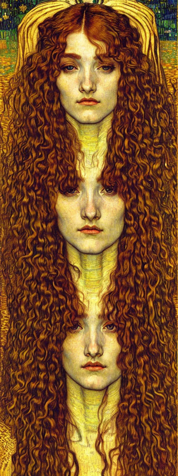 Image similar to detailed realistic beautiful young medieval queen face portrait by jean delville, gustav klimt and vincent van gogh, art nouveau, symbolist, visionary, gothic, pre - raphaelite, muted earthy colors, desaturated