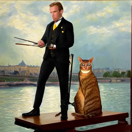 Image similar to mcgregor is dressed as a gentleman at early 2 0 th century paris. he is watching an easel. that easel has a canvas on it. ewan mcgregor has a brush on his hand. he is painting a painting. there is a brown cat with yellow eyes on ewan mcgregors feet. on background has river seine, morning sun, dark clouds, lightning, by jack kirby