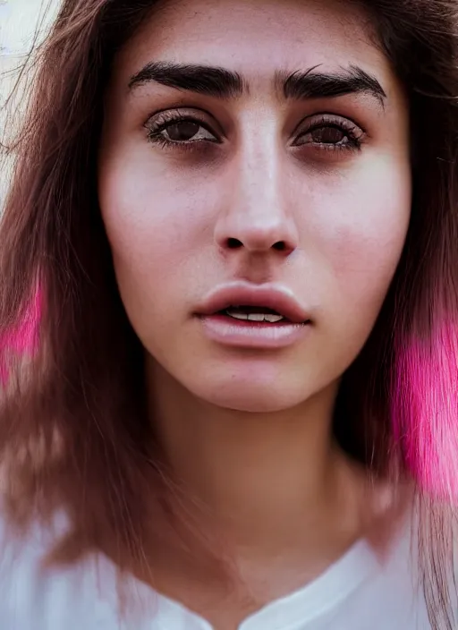 Image similar to A close-up photo of a Turkish 22 year old girl with hazel eyes and pink cheeks. Her hair is straight and tied into a ponytail. Shyly looking at the camera and slightly smiling. Detailed face features, hyper realism, studio, bokeh, shallow depth of filt, neutral background, telephoto lens, photography from Vogue magazine, by Lee Jeffries, Sigma 500mm f/5