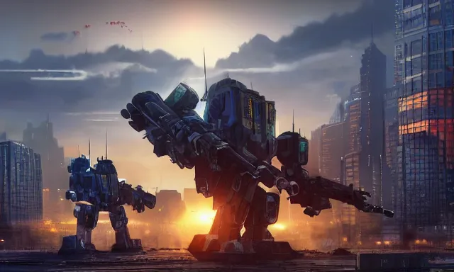 Image similar to Mech defending the city at sunset, photorealistic, hyperrealistic, digital illustrations, concept art, photoreal, mechwarrior, battletech, highly detailed, intricate, award-winning, dark, gritty, beautiful colors, hdr, rendered in Octane, rendered in Unreal engine, 4k, ultra hd