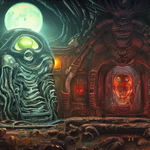 Prompt: robed extraterrestrial cultists inside massive alien temple full of hatching oozing alien eggs, mike mignogna, highly detailed, oil painting, comic book cover, dark, dark vintage sci fi, rich colors, vintage sci fi, 1 9 8 0 s, 1 9 7 0 s, retrofuture, trending on artstation