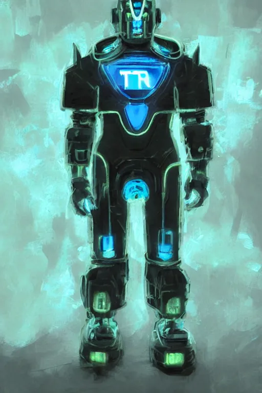 Prompt: tron themed fallout power armor, by craig mullins