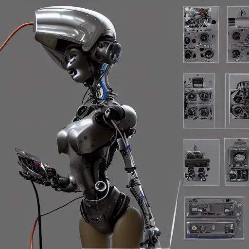 Image similar to beautiful female robot babe hooked up by many wires to complicated machinery; she is decrepit and worn, computer, wires, detailed, 4k, trending on artstation, shaded, lighting