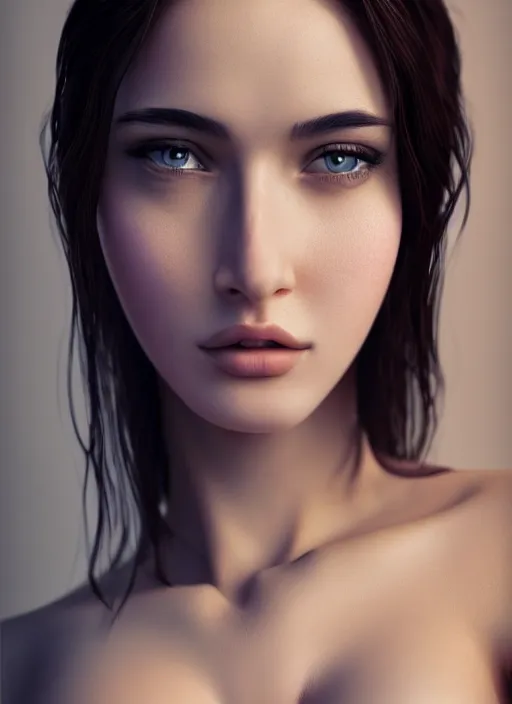 Image similar to high angle photo of a gorgeous young woman in the style of stefan kostic, realistic skin texture, 1 / 2 body crop, 8 5 mm art lens, f 1. 2, sharp focus, 8 k high definition, insanely detailed, intricate, elegant, art by stanley lau and artgerm