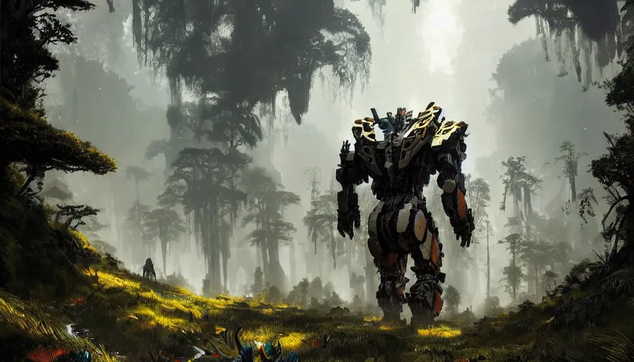 Image similar to large walking mech covered in gold and silver armor, horizon zero dawn aesthetic, covered in moss and birds, glowing lights, beautiful forests and trees, intricate detail, epic wallpaper, art by darek zabrocki and John Park and Feng Zhu and Jason Chan, trending on artstation, masterpiece.