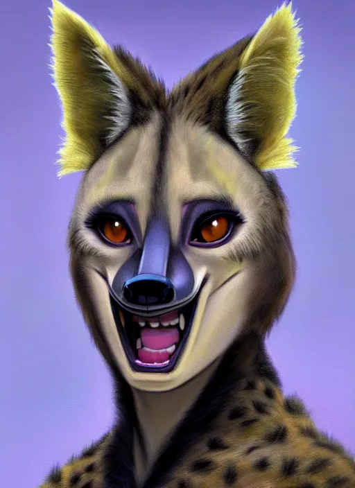 Image similar to oil painting detailed full body of anthromorphic female hyena, in style of zootopia, zootopia, zootopia, fursona, furry, furaffinity, 4 k, deviantart, furry art, fursona art, wearing black business suit, in style of zootopia, hyena fursona, cyberpunk, female, expressive, detailed feminine face,