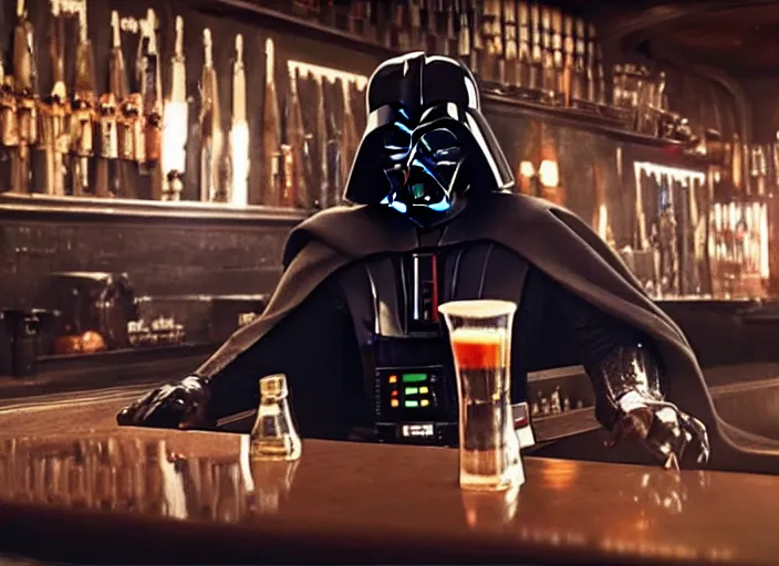 Image similar to film still of Darth Vader working as a bartender in the new Star Wars movie, 4k