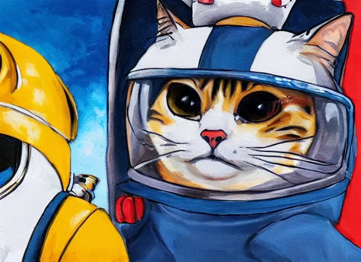 Image similar to painting of a cat dressed as an astronaut, stuido ghibli, gurren lagann