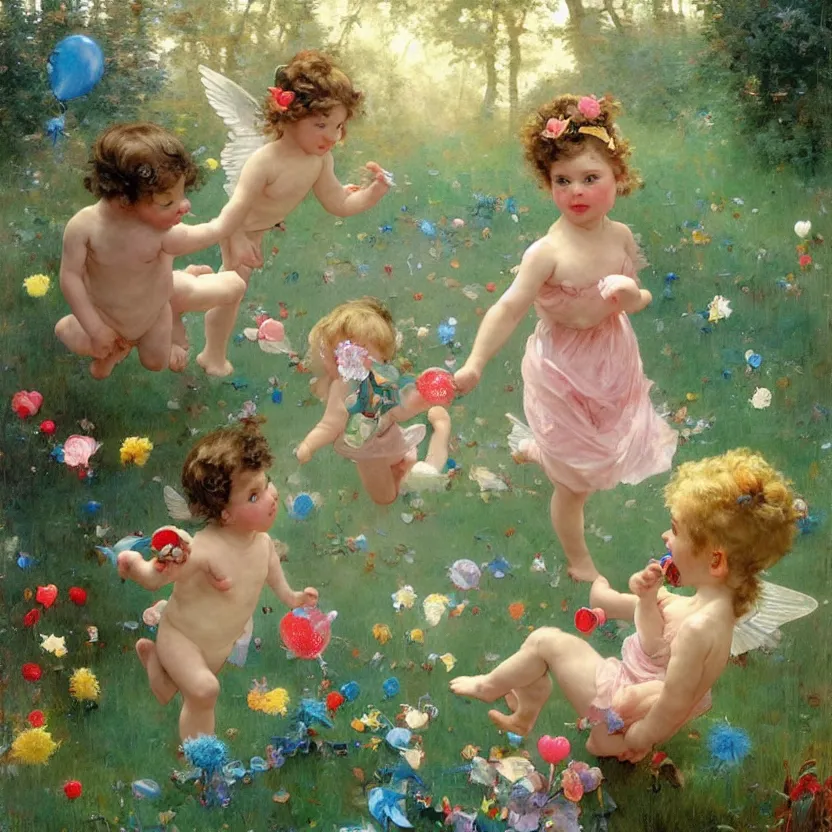 Image similar to idyllic cute toddler children with iridescent wings running through whimsical forest landscape with lollypops, streamers, balloons, blue sky, flowers. dreamlike fantasy painting by norman rockwell, bouguereau. trending on artstation.