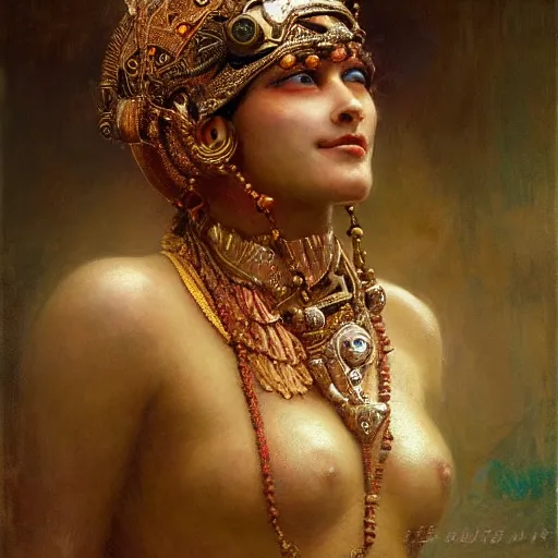 Image similar to detailed potrait of hindu traditional woman blindfolded by high - tech steam punk face armour, girl graceful,, painting by gaston bussiere, craig mullins, j. c. leyendecker, lights, art by ernst haeckel, john william godward, hammershøi,,