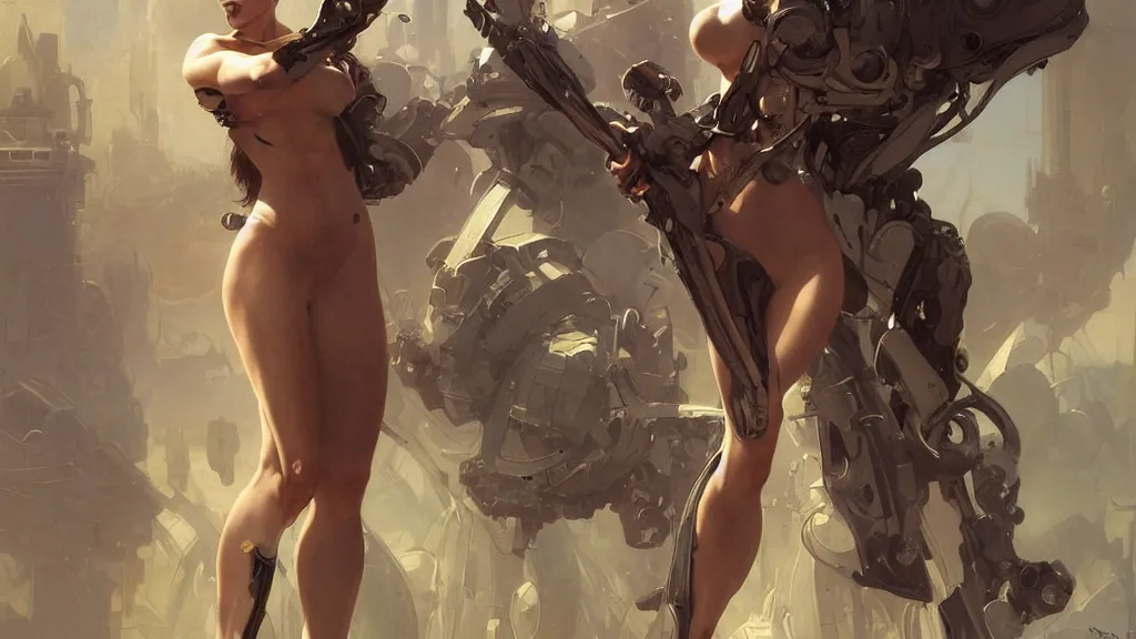 Image similar to modern elegant female cyborg greek goddess, space opera, feminine, powerful, beautiful, upper body, muscular, armour, highly detailed, digital painting, ghibli animated film, volumetric lighting, octane render artstation, concept art, smooth, sharp focus, illustration, by gaston bussiere, mucha, gerome, craig mullins, greg rutkowski, john singer sargent