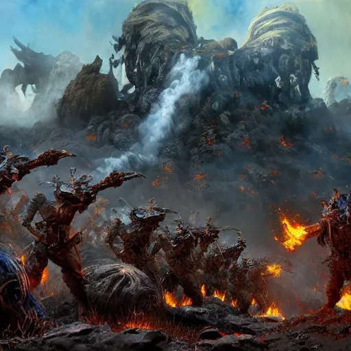 Image similar to an army of muppet demons flying out of a volcano with flag bearers and trumpeters, intricate detail, royo, vallejo, frazetta, giger, whealan, hd, unreal engine,