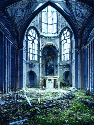 Image similar to interior of an abandoned, overgrown church, blue color palette, photo, digital art, detailed, intricate complexity, artstation