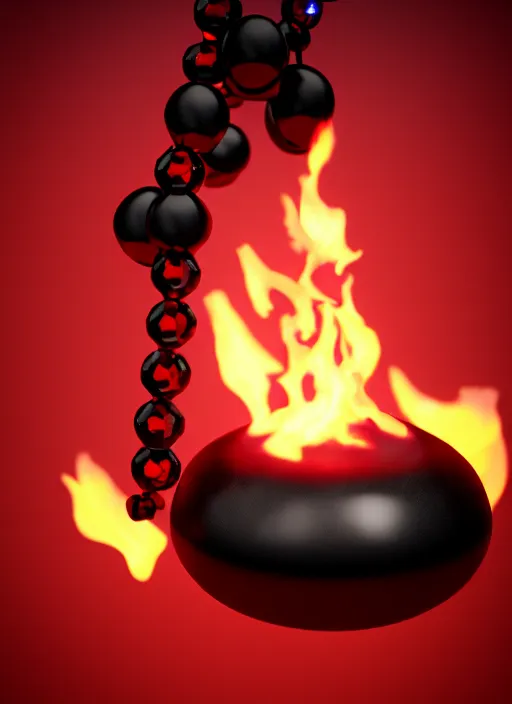 Image similar to rpg item, a black necklace with a bright red crystal pendant in flames, Unreal 5, DAZ, hyperrealistic, rpg style, octane render, dynamic lighting