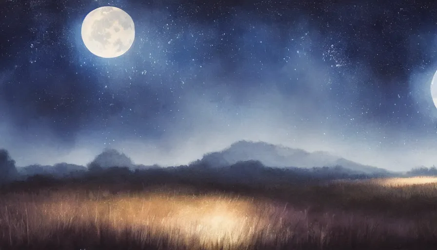 Image similar to a beautiful landscape at night, big moon on the right, stars in the sky, painting, dark blue tones, concept art, 4 k