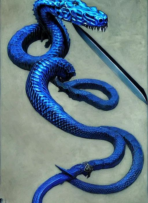 Prompt: the azure serpent blade. pale blue metal ( unnaturally light ). slender blade ( but stronger than steel ). serpent engravings ( twisting along the blade ). dnd. dark fantasy art, intricate fantasy painting, dramatic lighting, vivid colors, deviantart, artstation, by edgar maxence and caravaggio and michael whelan and delacroix.