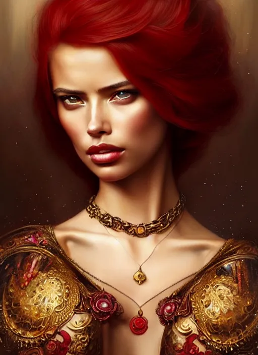 Image similar to a beautiful woman with baroque dress, red hair, gold necklace adorned with sapphires, adriana lima, painted by artgerm and tom bagshaw, fantasy art, dramatic lighting, highly detailed oil painting