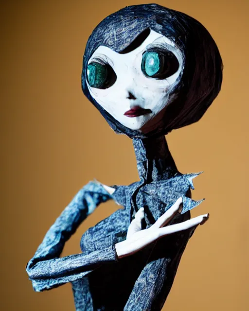 Image similar to a paper mache doll of a creepy long limbed coraline, realistic, very detailed, complex, intricate, studio lighting, superres sharpening, bokeh, sigma 5 0 mm f 1. 4