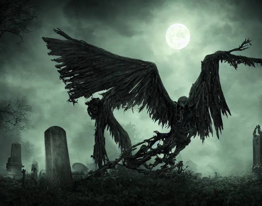 Image similar to flying reaper in old sacred graveyard, night, dark horror, realistic skull, beautiful graphics, fantasy artwork, very beautiful scenery, hd, hdr, ue 5, ue 6, unreal engine 5, cinematic 4 k wallpaper, 8 k, ultra detailed, by popular digital, details, beautiful image ever created, high resolution, artstation, award winning