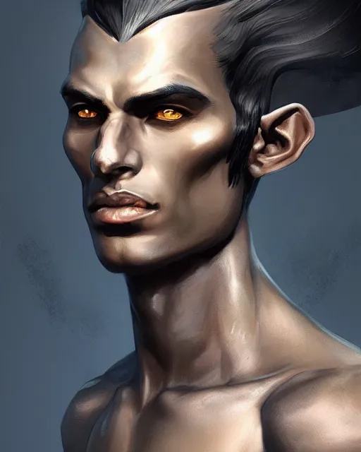 Prompt: portrait of a handsome male dark elf, obsidian skin, fantasy, feminine, elegant, intricate, highly detailed, digital painting, artstation, concept art, sharp focus, illustration