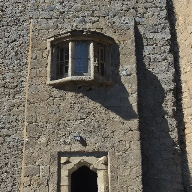 Image similar to hyper realistic photo, looking close up at a well maintained castle from the front gate courtyard on a sunny day