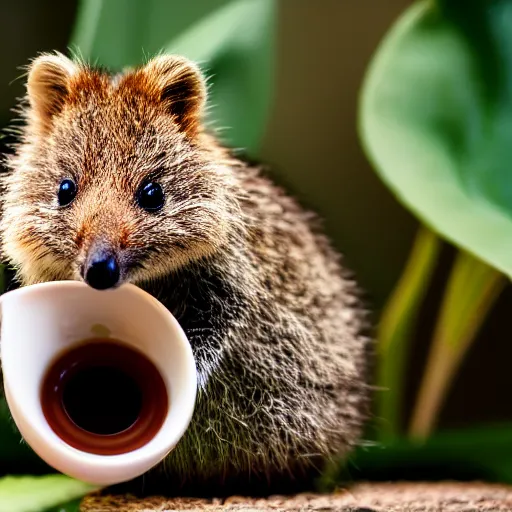 Prompt: baby quokka in a teacup eating a leaf, photography, minimalistic, 8k