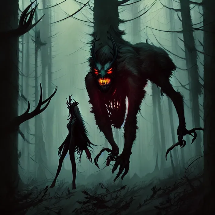 Image similar to style artgerm, joshua middleton, jesper ejsing, scary wendigo with antlers and skull face mixed with werewolf, in the forest, detailed, dark and foggy, cinematic lighting