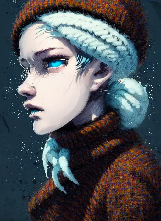 Image similar to highly detailed closeup portrait of a sewer punk lady student, beanie, harris tweed hoodie, blue eyes, frosty white hair by atey ghailan, by greg rutkowski, by greg tocchini, by james gilleard, by joe fenton, by kaethe butcher, gradient, blue, black, brown and cream color scheme, grunge aesthetic!!! white graffiti tag wall background