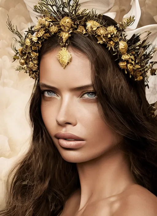 Prompt: an oil on canvas portrait! face-close-up of Adriana Lima as Galadriel , wavy hair covered by an orchid floral crown. The royal dress is made of intricate gold and silver threads with jewellery, composing complex geometrical patterns, zenithal lighting, shot on 70 mm, by Alina Ivanchenko and Hirothropologie and Patrick DeMarchelier .