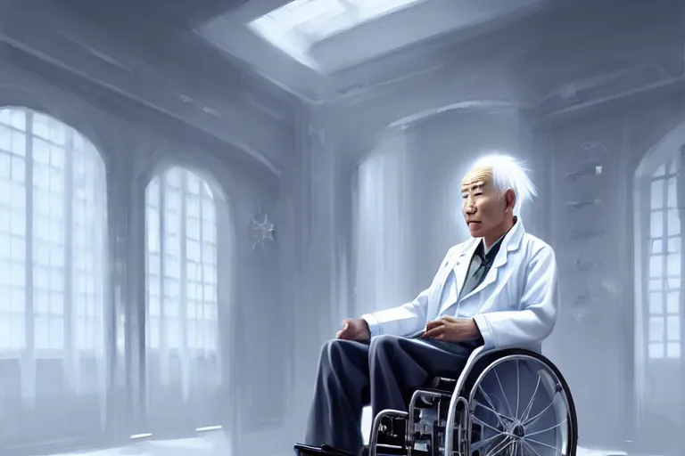 Image similar to a elegant and beautiful female doctor in a white coat, a chinese old man in wheelchair, cinematic, highly detailed, digital painting, artstation, concept art, matte, sharp focus, illustration, art by artgerm and greg rutkowski