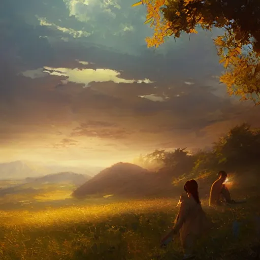 Image similar to landscape, volumetric lighting, dew, spring evening, clear weather, ( few clouds ), realistic illustration, golden hour, perfectly shaded, soft painting, art by krenz cushart and wenjun lin