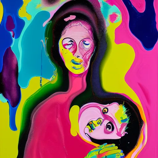 Image similar to woman holding a baby, an ultrafine detailed painting by peter max and francis bacon and fiona rae and hernan bas and anna mond, featured on deviantart, metaphysical painting, pop surrealism, melting paint, biomorphic, mixed media, photorealistic, dripping paint, palette knife texture, masterpiece