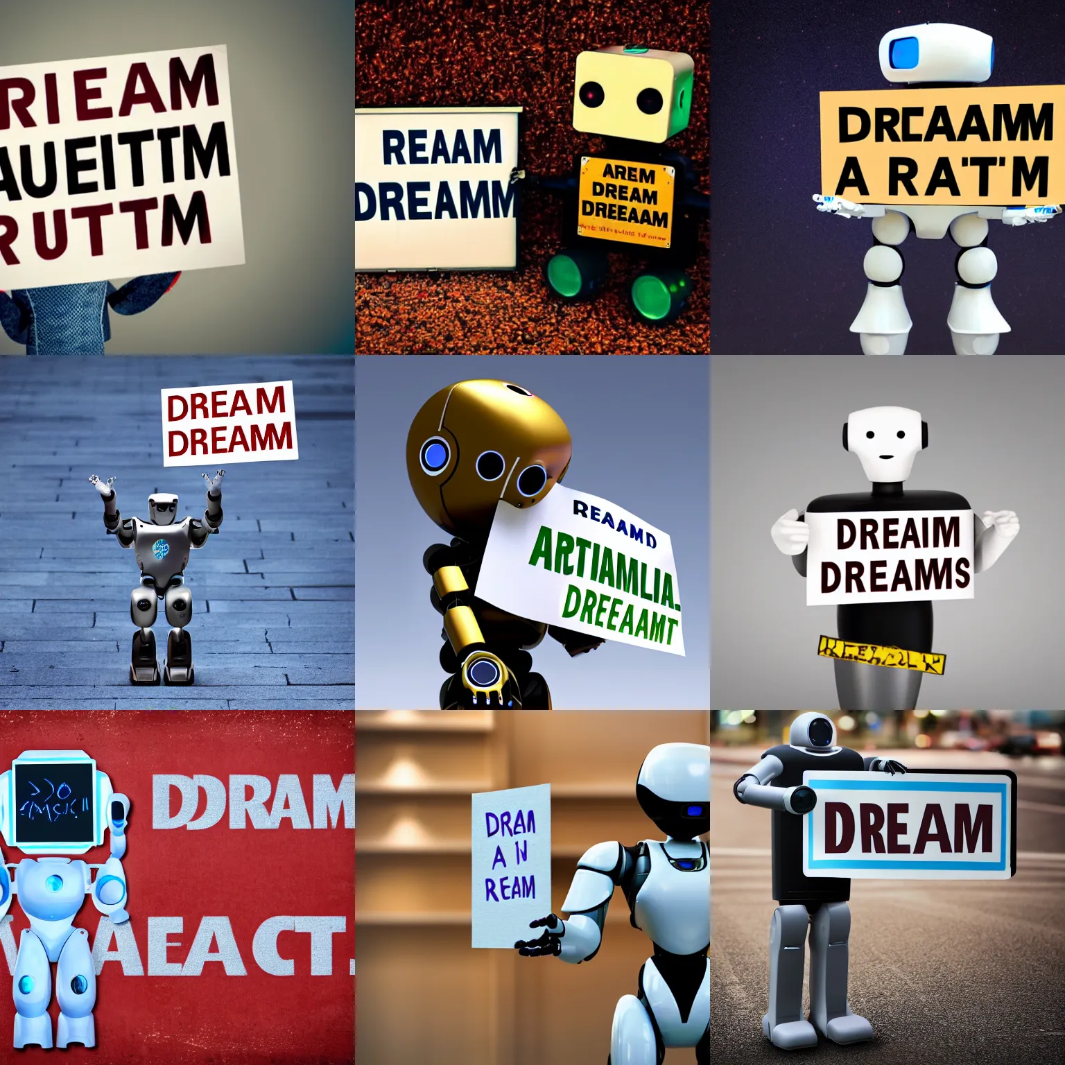 Image similar to realistic high quality photo of artificial intelligence robot holding a sign with text that reads : dream