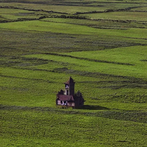 Prompt: A moving castle walking through a field, no people