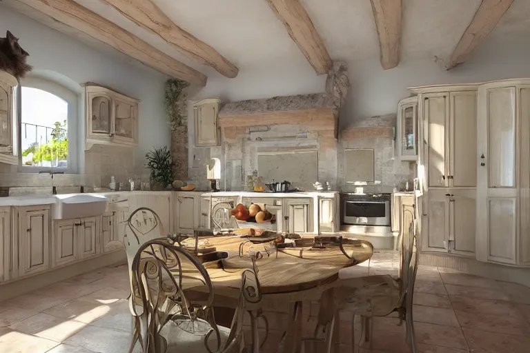 Image similar to Photography of Provence style kitchen with cat in the center, photorealism