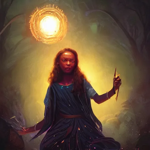 Image similar to anna podedworna illustration of black young witch casting a spell, geometric spell prism, fantasy, mtg, digital 2d, trending on artstation, artstation, dramatic lighting, blurred background, hyper detailed, ultrarealistic, masterpiece, digital art