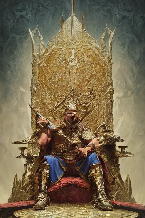 Prompt: warlord sitting on a throne, D&D, fantasy, intricate, highly detailed, digital painting, artstation, concept art, smooth, sharp focus, illustration, art by artgerm and greg rutkowski and alphonse mucha