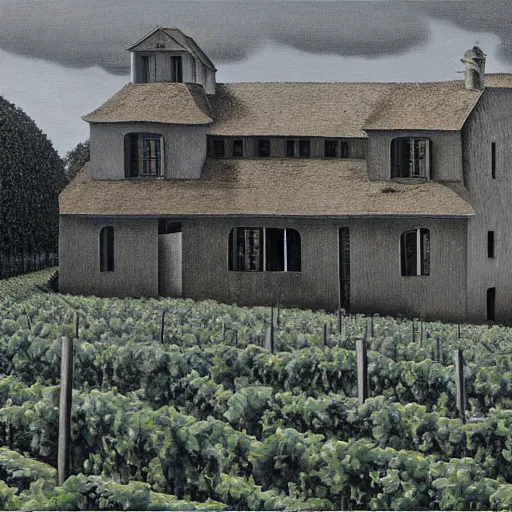 Image similar to Hyperrealism traditional austian house in a vineyard painting by MC Escher