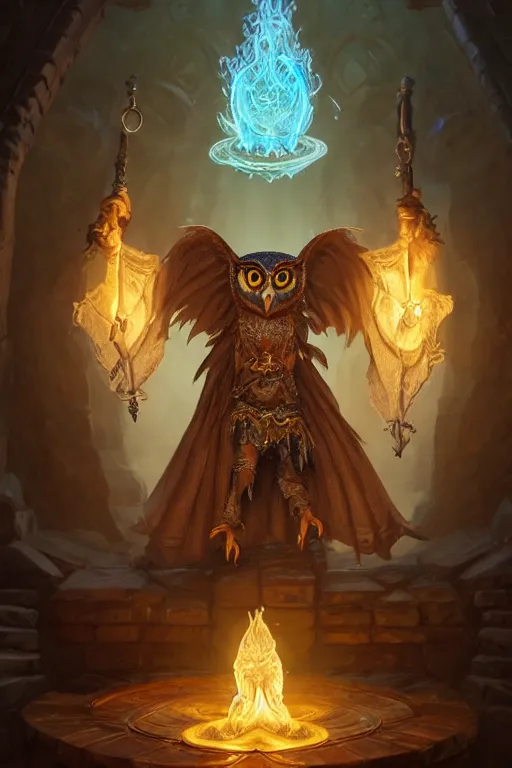Prompt: closeup 3 5 mm anthropomorphic sorcerer owl casting a spell in a castle, d & d, fantasy, intricate, action pose, particle effects, highly detailed, digital painting, artstation, concept art, matte, sharp focus, volumetric lighting, illustration, hearthstone, art by artgerm, wlop, greg rutkowski and alphonse mucha