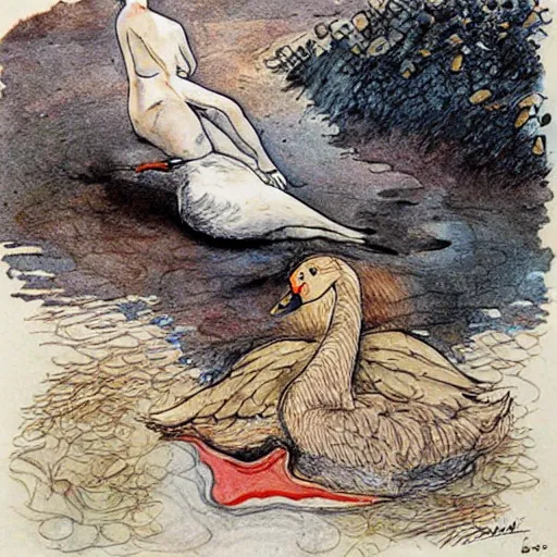 Image similar to man and swan sitting on a pile of ashes, drawing by Milo Manara, highly detailed, sensual colors