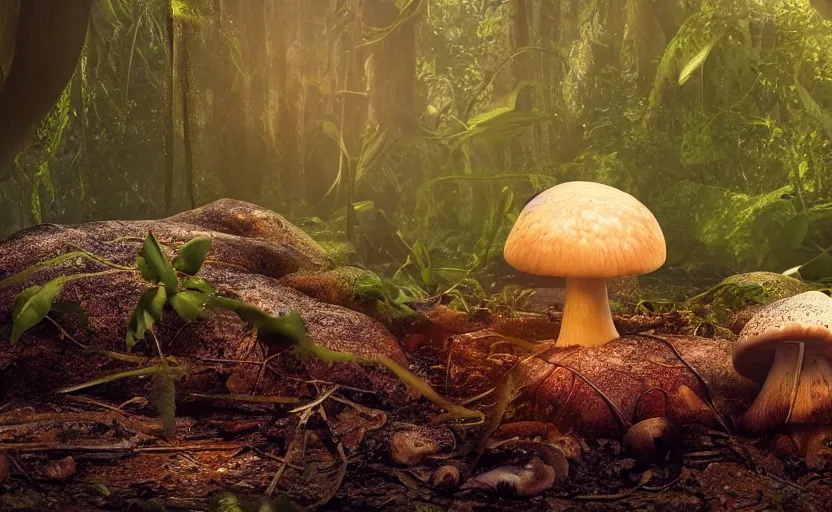 Image similar to a beautiful render of a mushroom growing out of a metal sphere in a rainforest, sunset lighting, intricate detail, hazy, humid, volumetric lighting, god rays, 8 k, photorealistic, raytracing effects, unreal engine 5