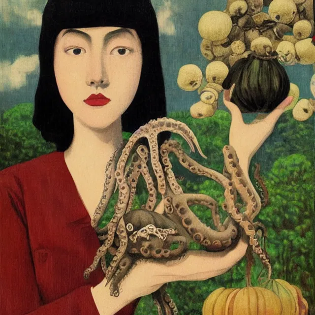 Prompt: tall emo girl artist holding an octopus, in hakone, books, small portraits, gourds, berries, pigs, acrylic on canvas, surrealist, by magritte and monet