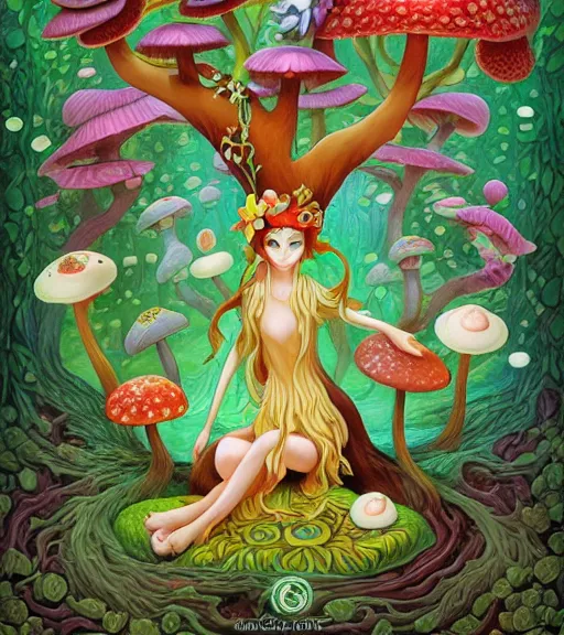 Prompt: Mushroom dryad by Jeremiah Ketner and Hiroyuki Mitsume-Takahashi and Goro Fujita and Mark Ryden and Pixar and Hayao Miyazaki