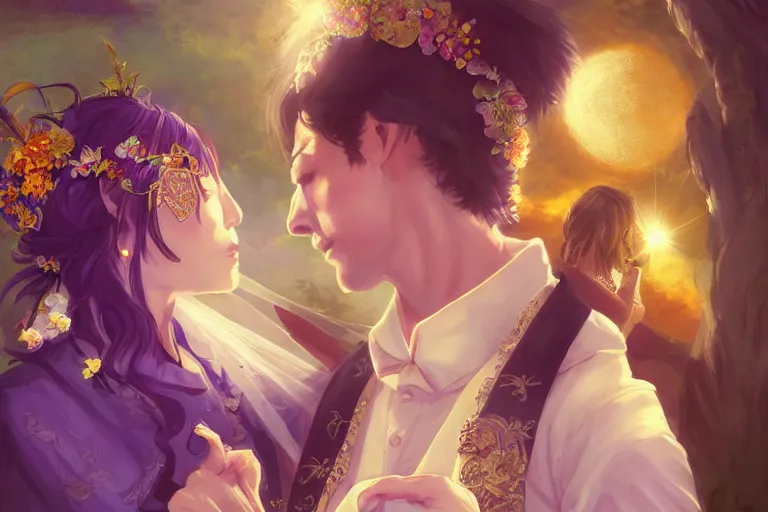 Image similar to a cinematic portrait of wedding photograph jpeg close up moment of a divine a japan sun god and moon goddess lovers magician at a wedding banquet. portraiture. digital painting. artstation. concept art. wedding photo. digital painting. violet evergarden art masterpiece by art by krenz cushart