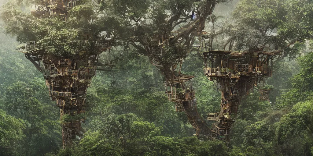 Image similar to a vast treehouse city built in an ancient forest, rope bridges, 8 k, shallow depth of field, intricate detail,