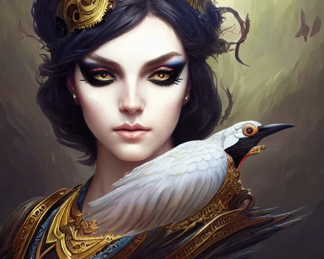 Image similar to eye makeup inspired by a magpie, deep focus, d & d, fantasy, intricate, elegant, highly detailed, digital painting, artstation, concept art, matte, sharp focus, illustration, hearthstone, art by artgerm and greg rutkowski and alphonse mucha