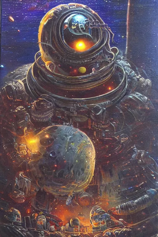 Prompt: space horror by jack vance, mike mignogna, highly detailed, vintage dark sci fi, oil painting