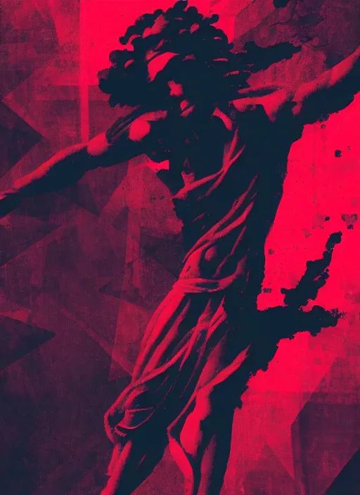 Image similar to black background with subtle red and purple design elements, greco roman statue, grey, nekro, abstract art, thin lines, dark, glitch art, neo vaporwave, gritty, layout frame, trending on artstation