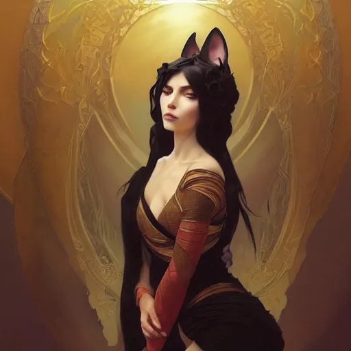 Image similar to portrait of evil cat goddess, intricate, elegant, highly detailed, digital painting, artstation, concept art, smooth, sharp focus, illustration, art by artgerm and greg rutkowski and alphonse mucha and william - adolphe bouguereau